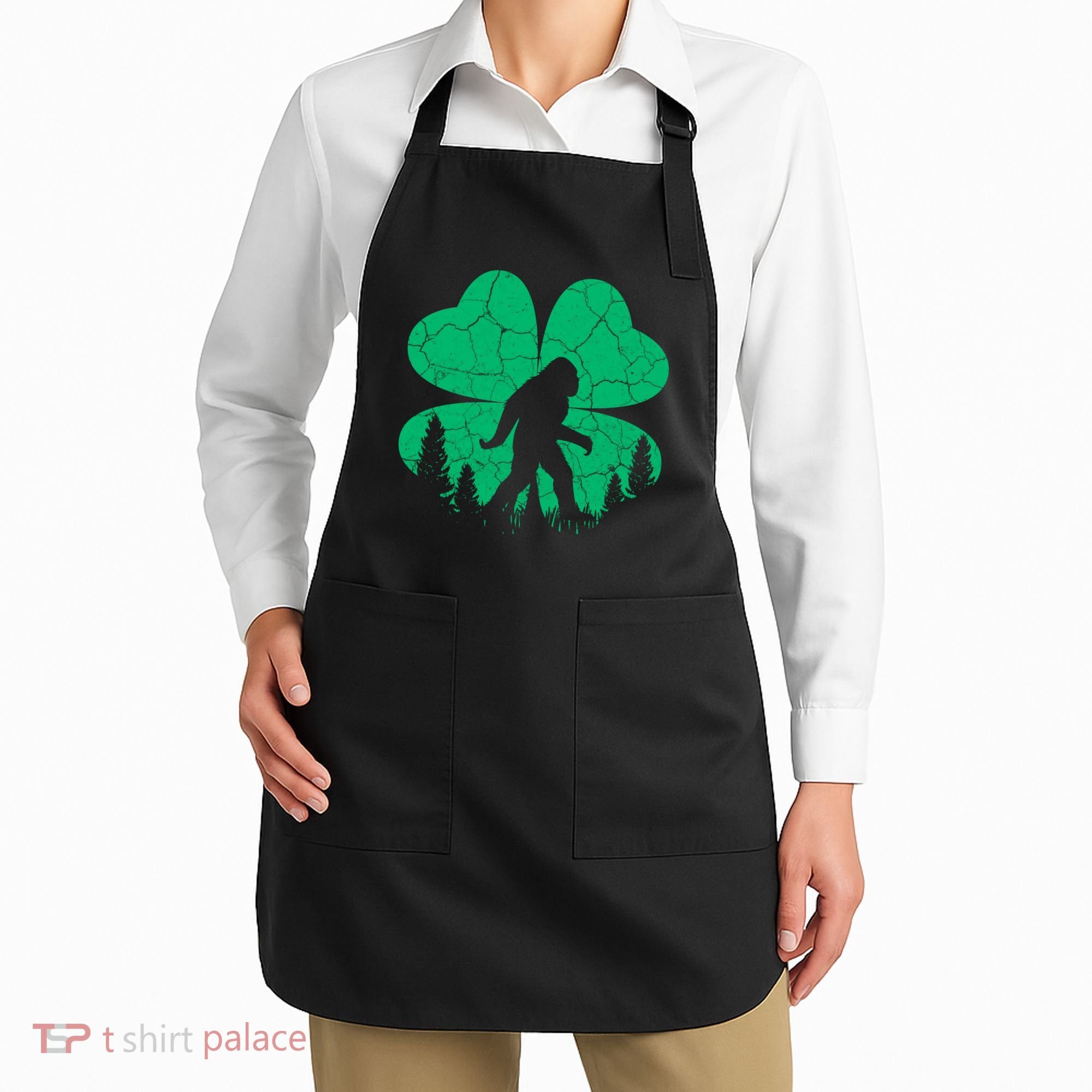 St Patricks Day Bigfoot Sasquatch Irish Clover Apron