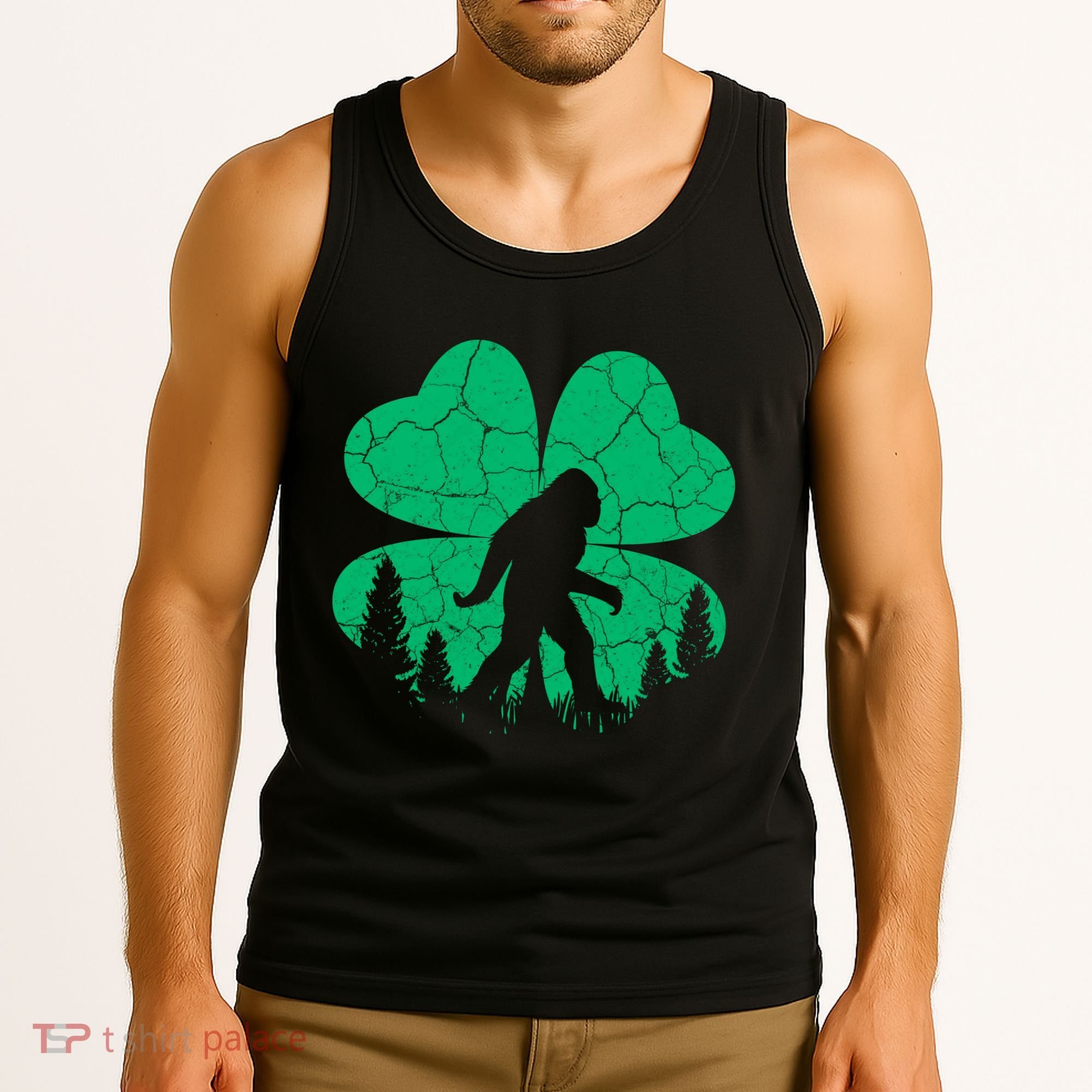 St Patricks Day Bigfoot Sasquatch Irish Clover Tank Top