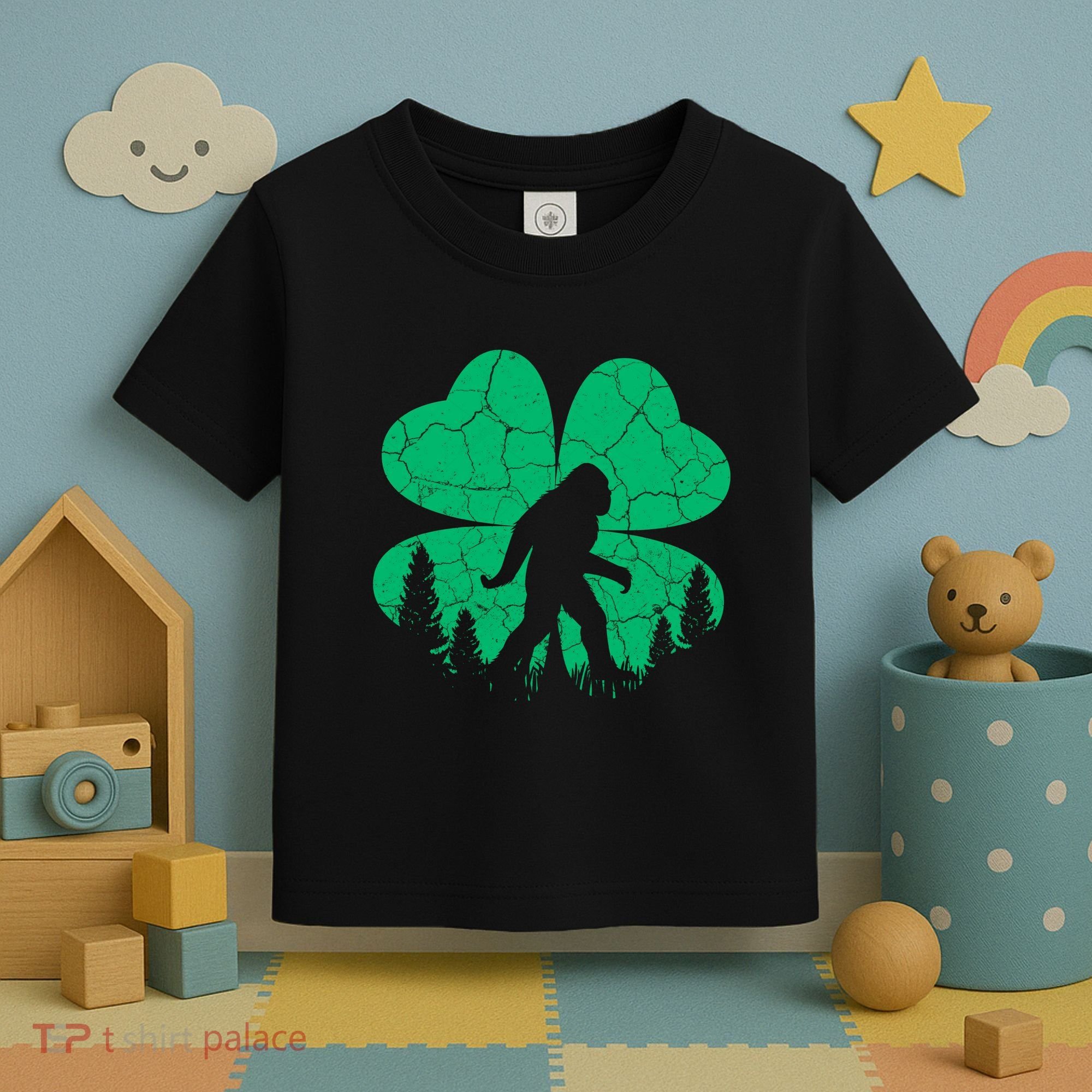 St Patricks Day Bigfoot Sasquatch Irish Clover Toddler T-Shirt