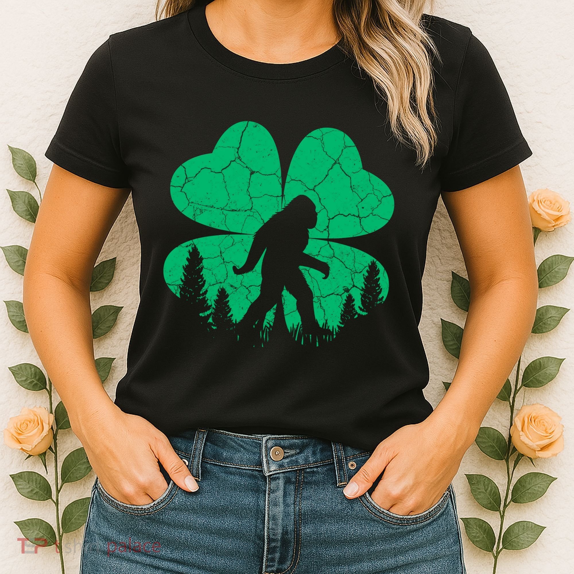 St Patricks Day Bigfoot Sasquatch Irish Clover Women's T-Shirt