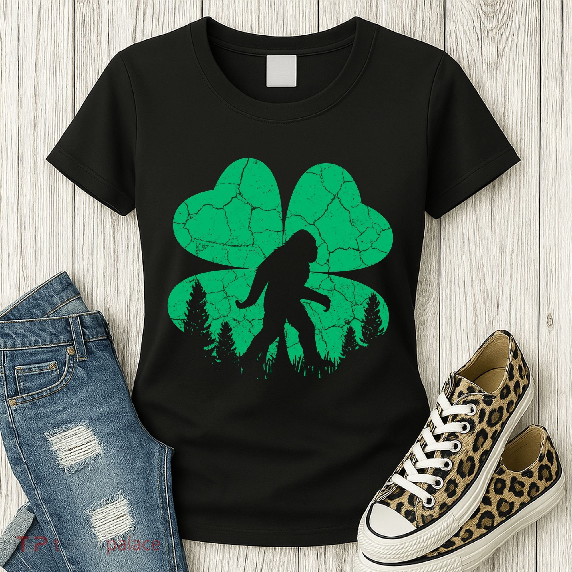 St Patricks Day Bigfoot Sasquatch Irish Clover Women's T-Shirt