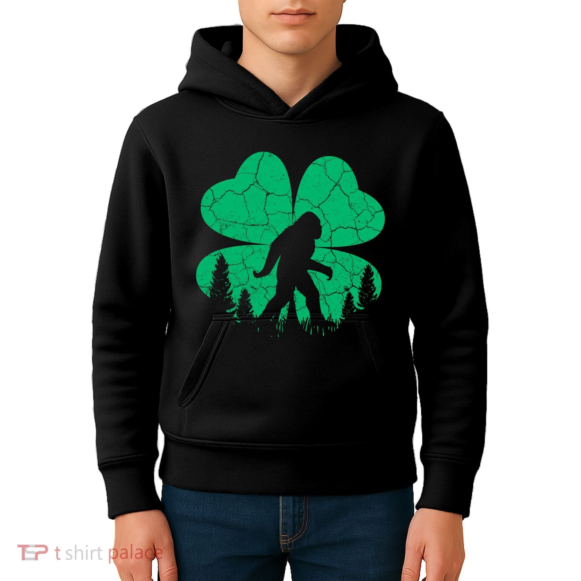St Patricks Day Bigfoot Sasquatch Irish Clover Kids Hoodie