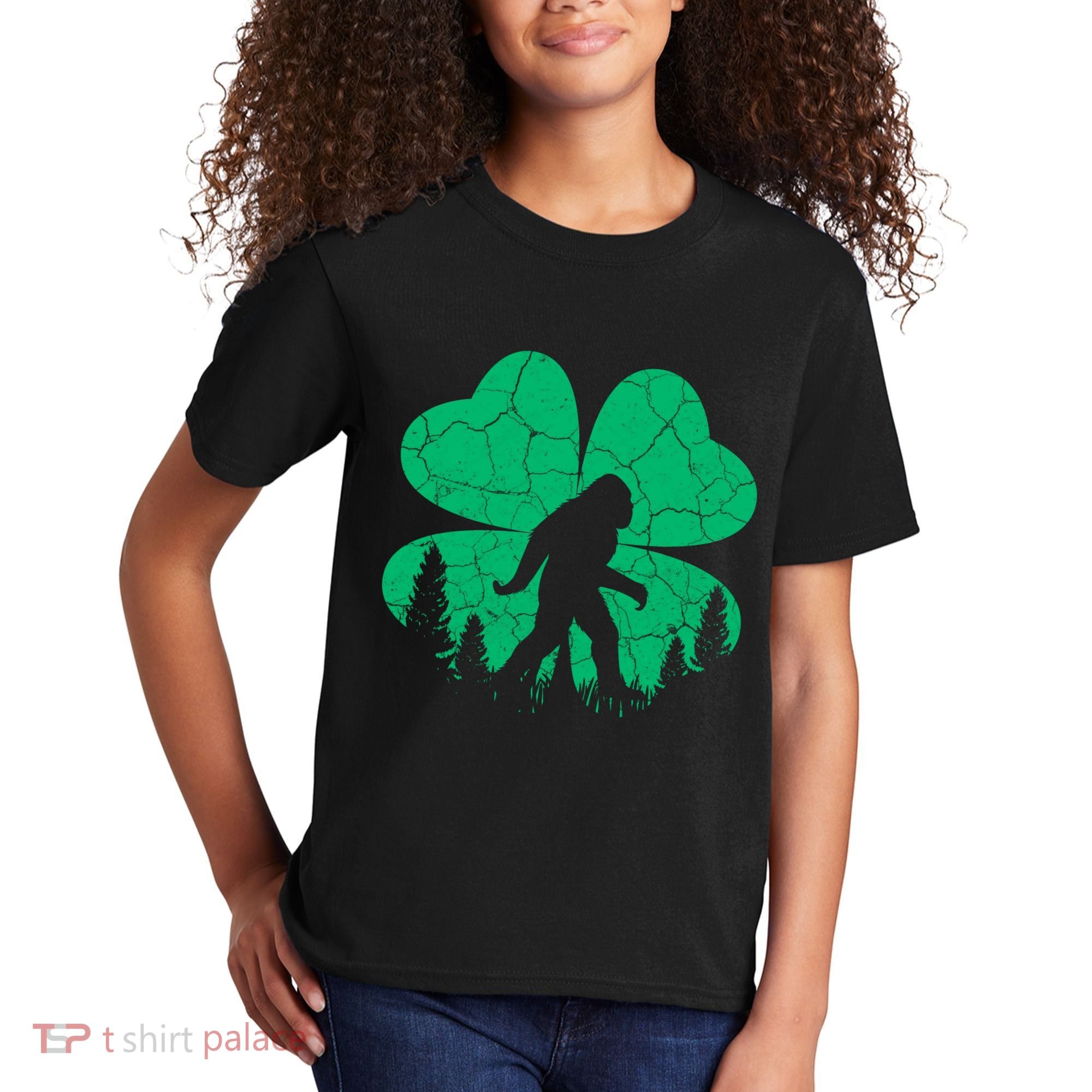 St Patricks Day Bigfoot Sasquatch Irish Clover Kids T-Shirt