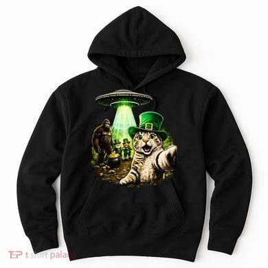 St Patricks Day Cat Selfie Leprechaun Bigfoot UFO Hoodie