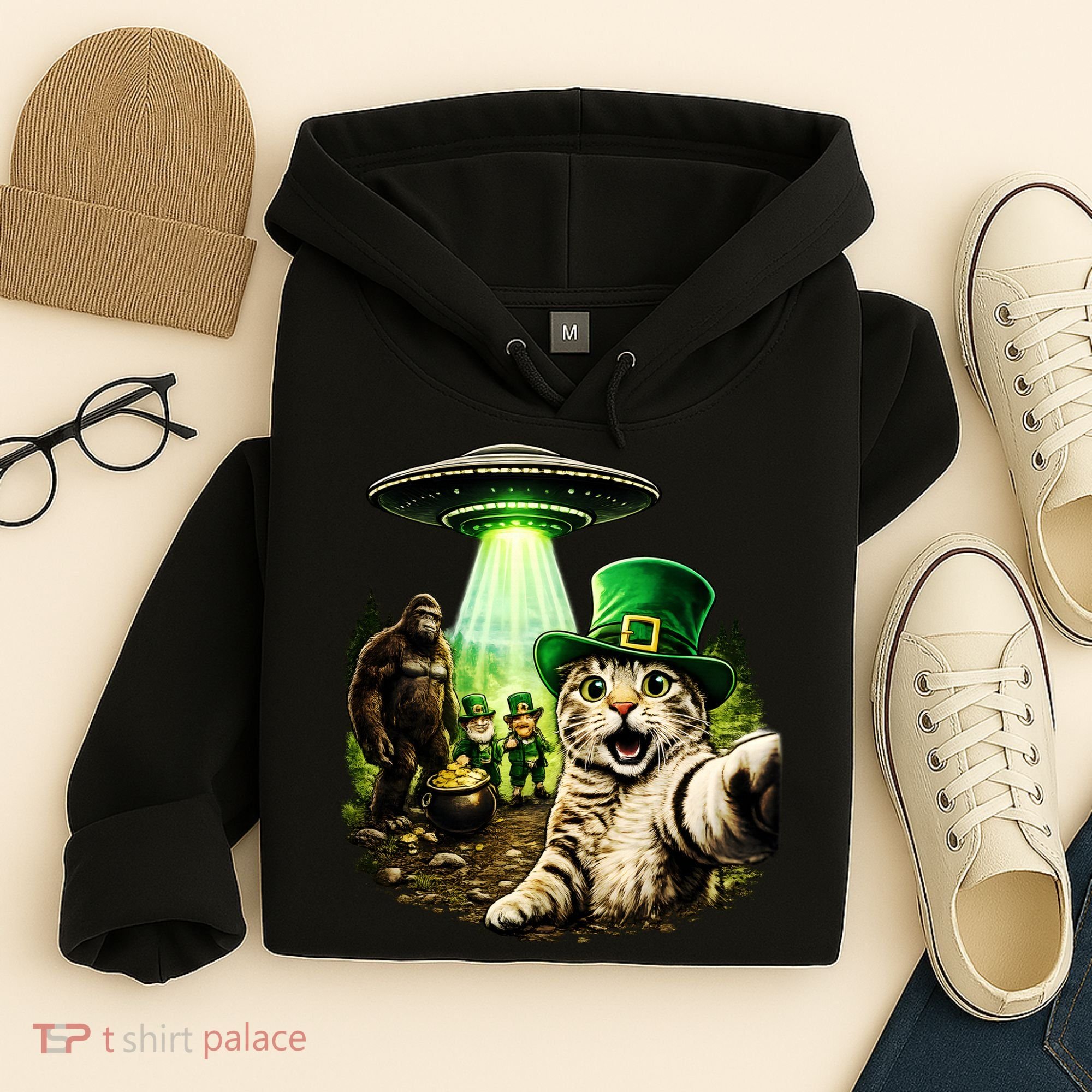 St Patricks Day Cat Selfie Leprechaun Bigfoot UFO Hoodie