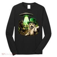St Patricks Day Cat Selfie Leprechaun Bigfoot UFO Long Sleeve Shirt thumb 0