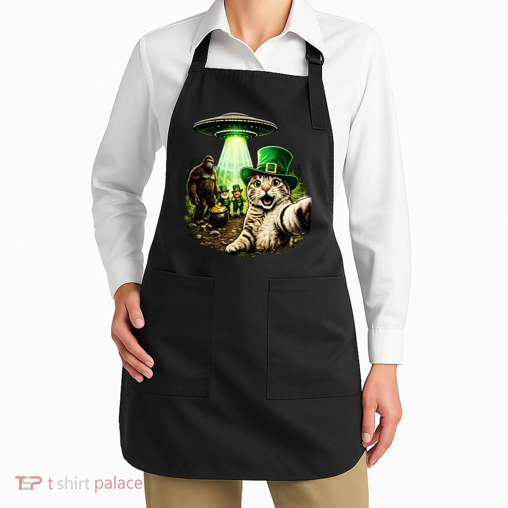 St Patricks Day Cat Selfie Leprechaun Bigfoot UFO Apron