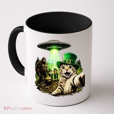 St Patricks Day Cat Selfie Leprechaun Bigfoot UFO Coffee Mug