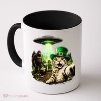 St Patricks Day Cat Selfie Leprechaun Bigfoot UFO Coffee Mug thumb 0