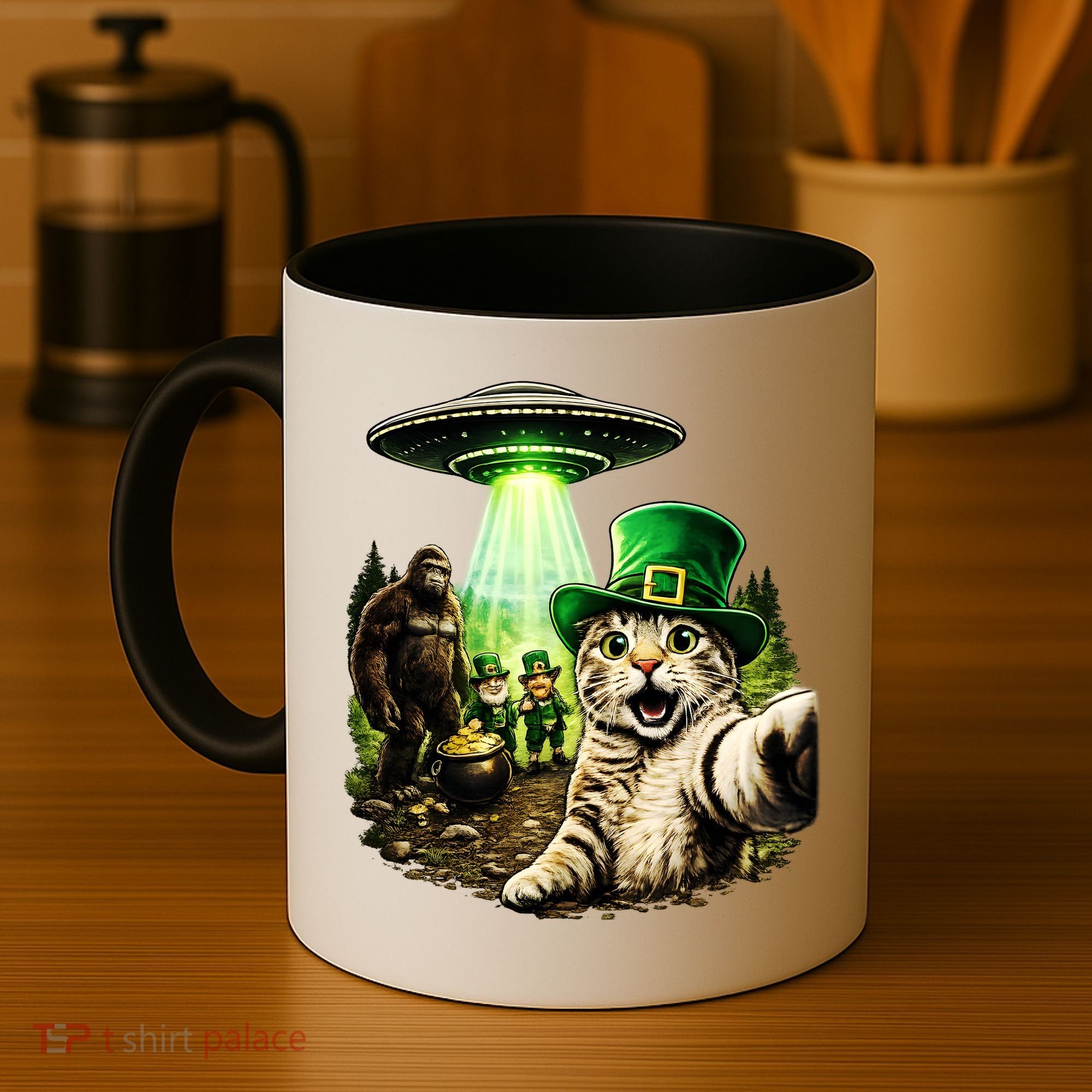 St Patricks Day Cat Selfie Leprechaun Bigfoot UFO Coffee Mug