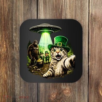 St Patricks Day Cat Selfie Leprechaun Bigfoot UFO Coaster