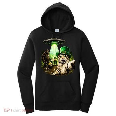 St Patricks Day Cat Selfie Leprechaun Bigfoot UFO Women's Hoodie