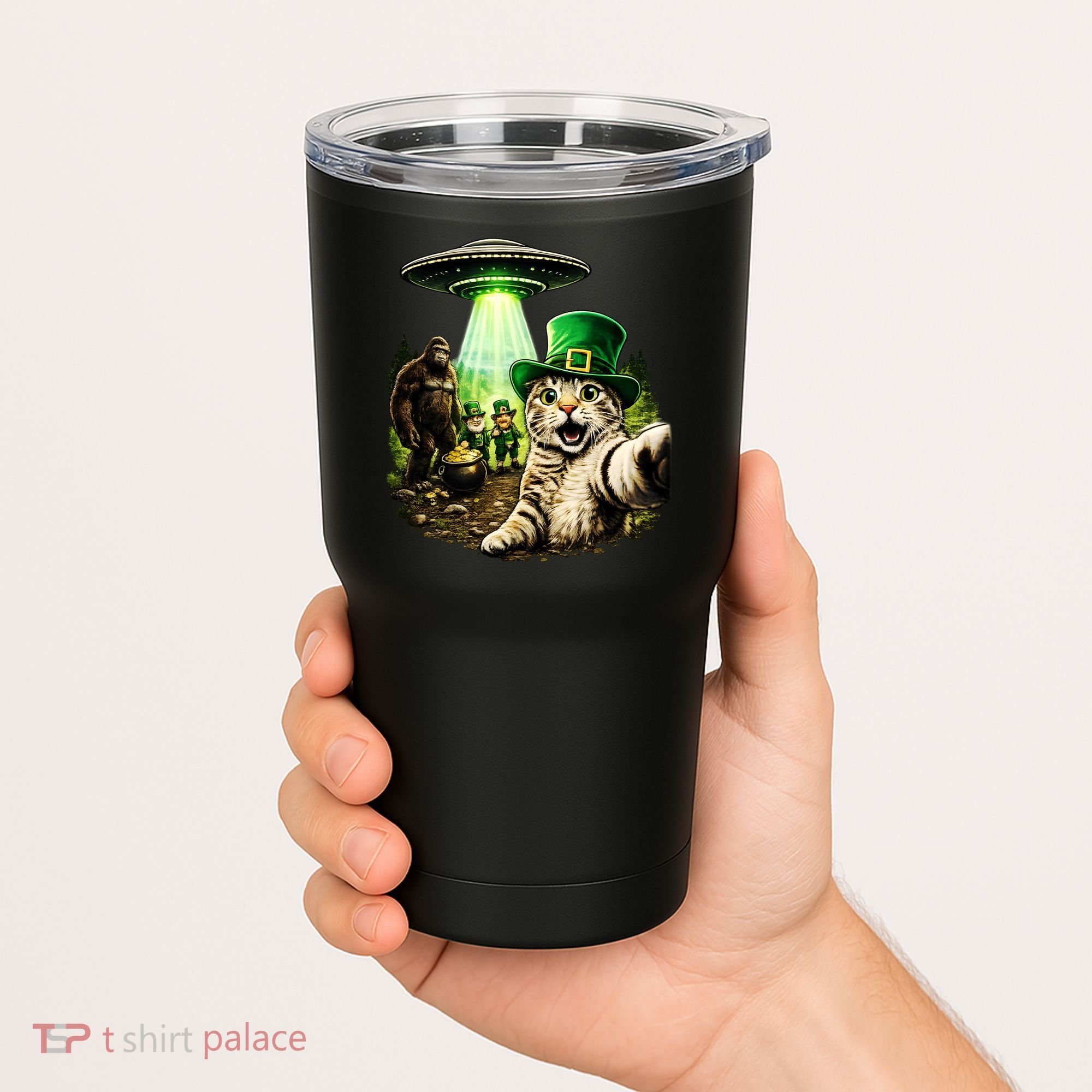 St Patricks Day Cat Selfie Leprechaun Bigfoot UFO Tumbler