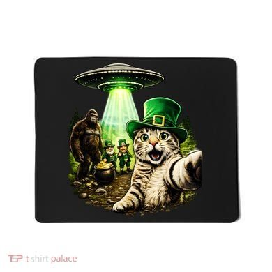 St Patricks Day Cat Selfie Leprechaun Bigfoot UFO Mousepad