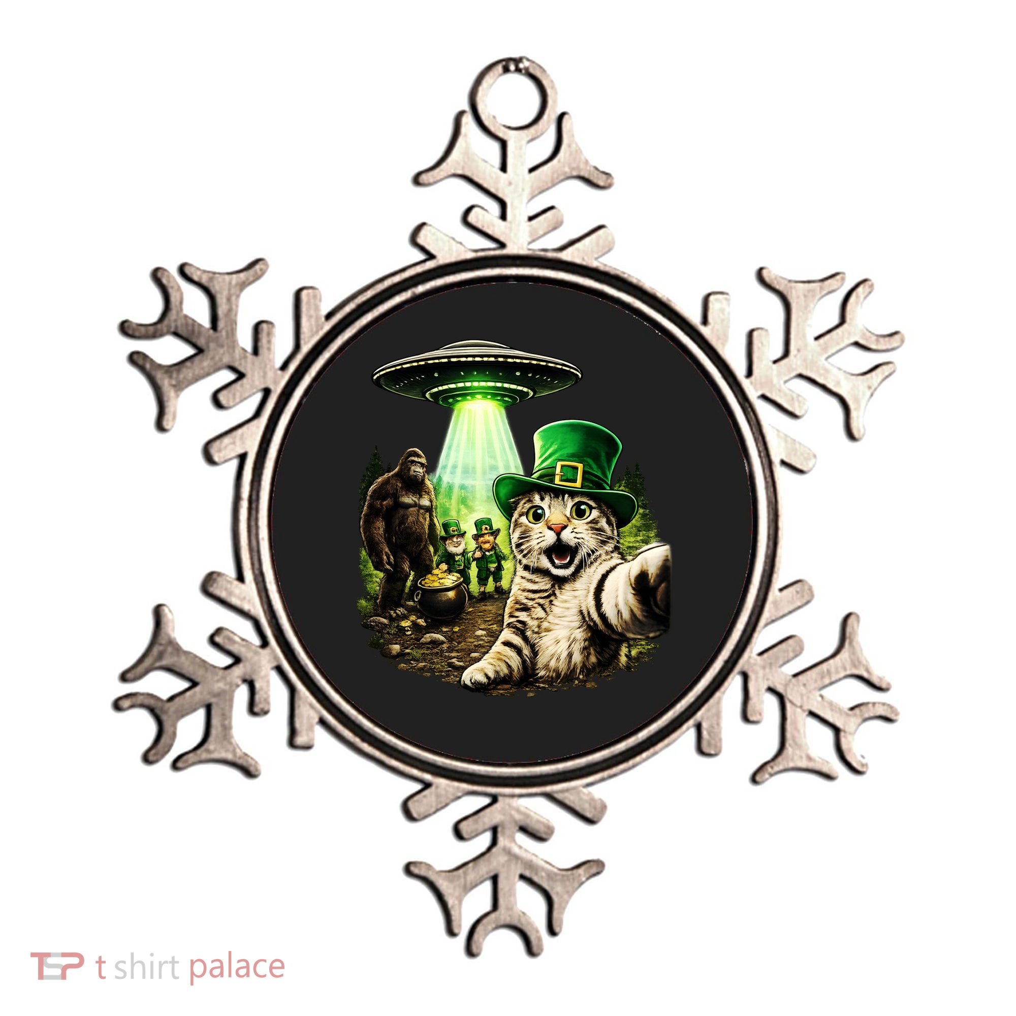 St Patricks Day Cat Selfie Leprechaun Bigfoot UFO Ornament