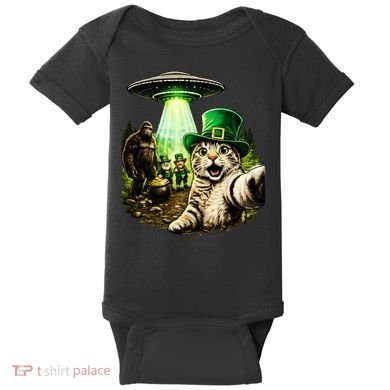 St Patricks Day Cat Selfie Leprechaun Bigfoot UFO Baby Bodysuit