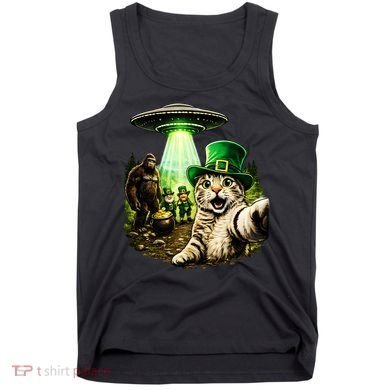 St Patricks Day Cat Selfie Leprechaun Bigfoot UFO Tank Top
