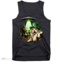 St Patricks Day Cat Selfie Leprechaun Bigfoot UFO Tank Top thumb 0