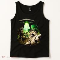St Patricks Day Cat Selfie Leprechaun Bigfoot UFO Tank Top thumb 2