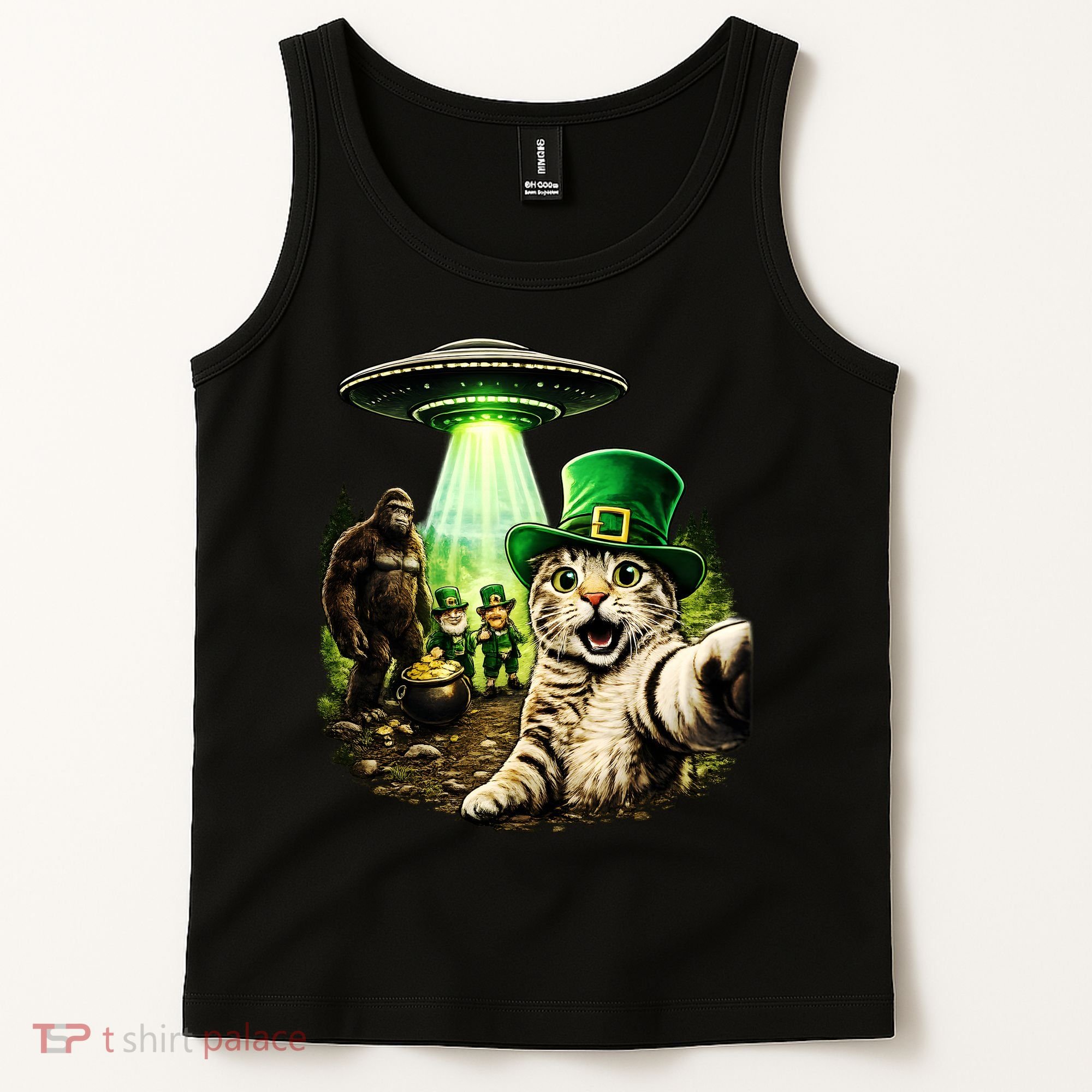 St Patricks Day Cat Selfie Leprechaun Bigfoot UFO Tank Top