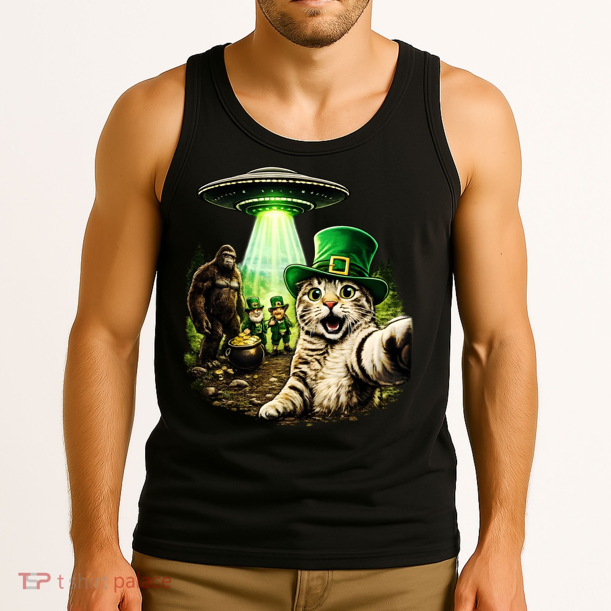 St Patricks Day Cat Selfie Leprechaun Bigfoot UFO Tank Top