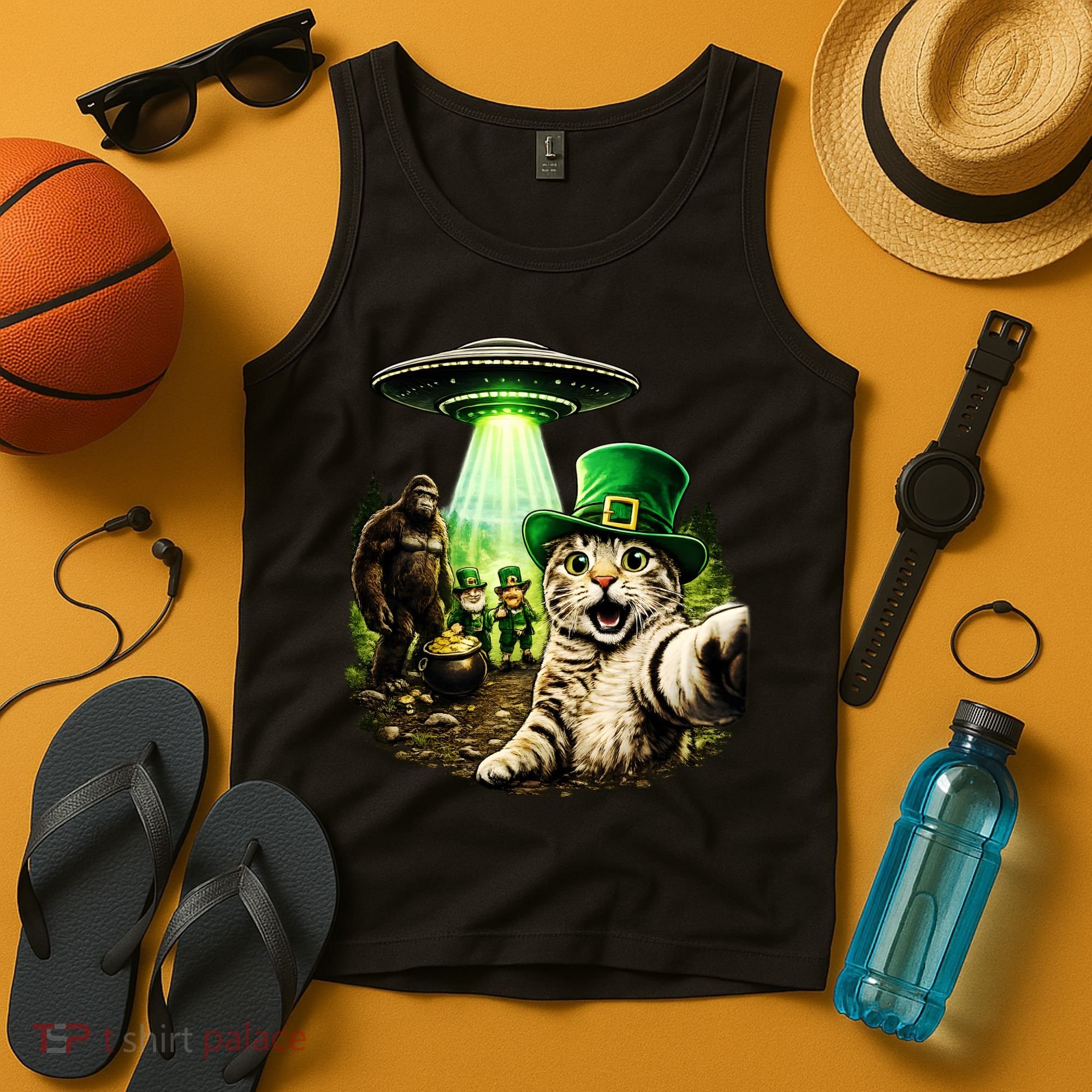 St Patricks Day Cat Selfie Leprechaun Bigfoot UFO Tank Top