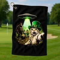 St Patricks Day Cat Selfie Leprechaun Bigfoot UFO Golf Towel thumb 1