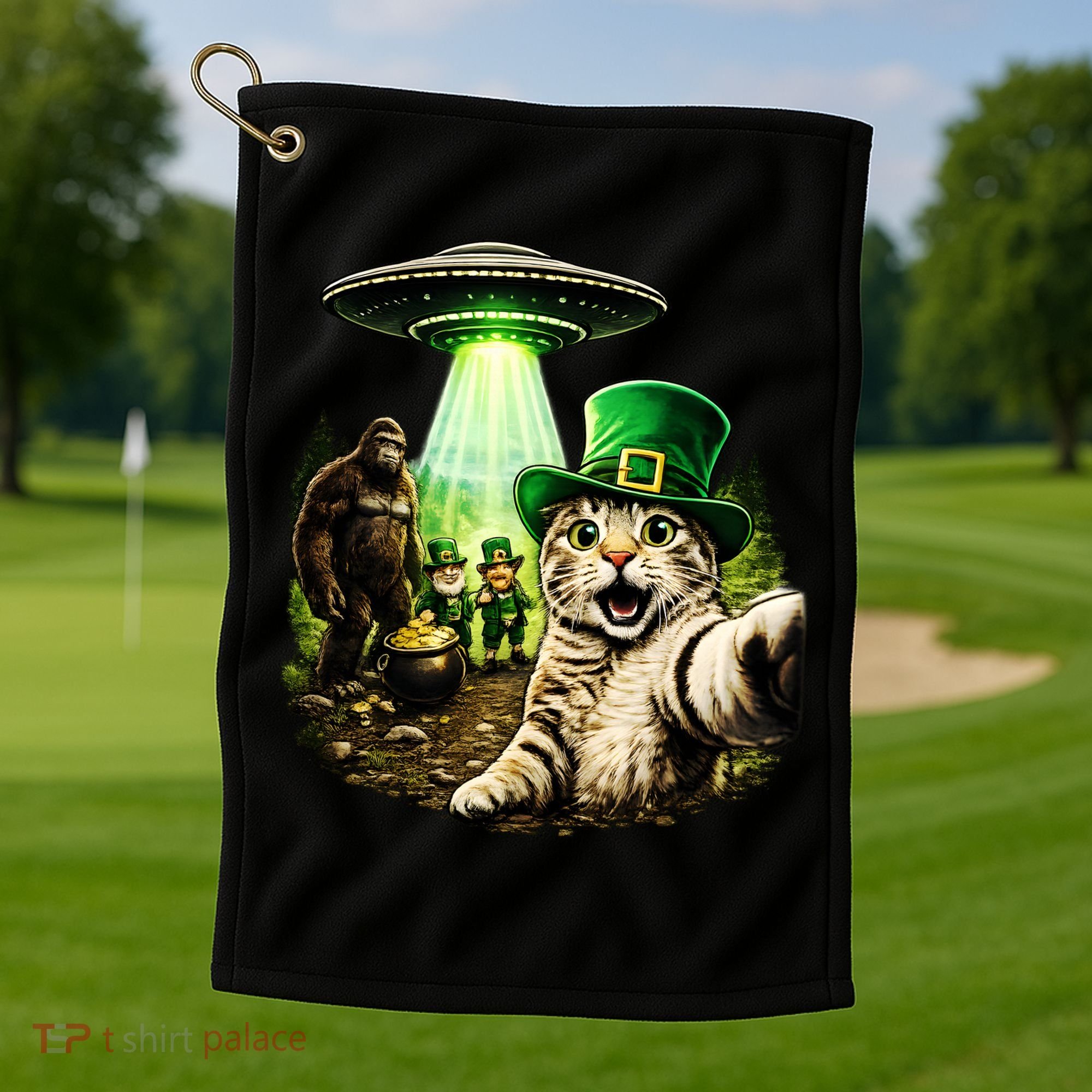 St Patricks Day Cat Selfie Leprechaun Bigfoot UFO Golf Towel