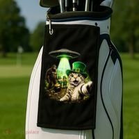 St Patricks Day Cat Selfie Leprechaun Bigfoot UFO Golf Towel thumb 2