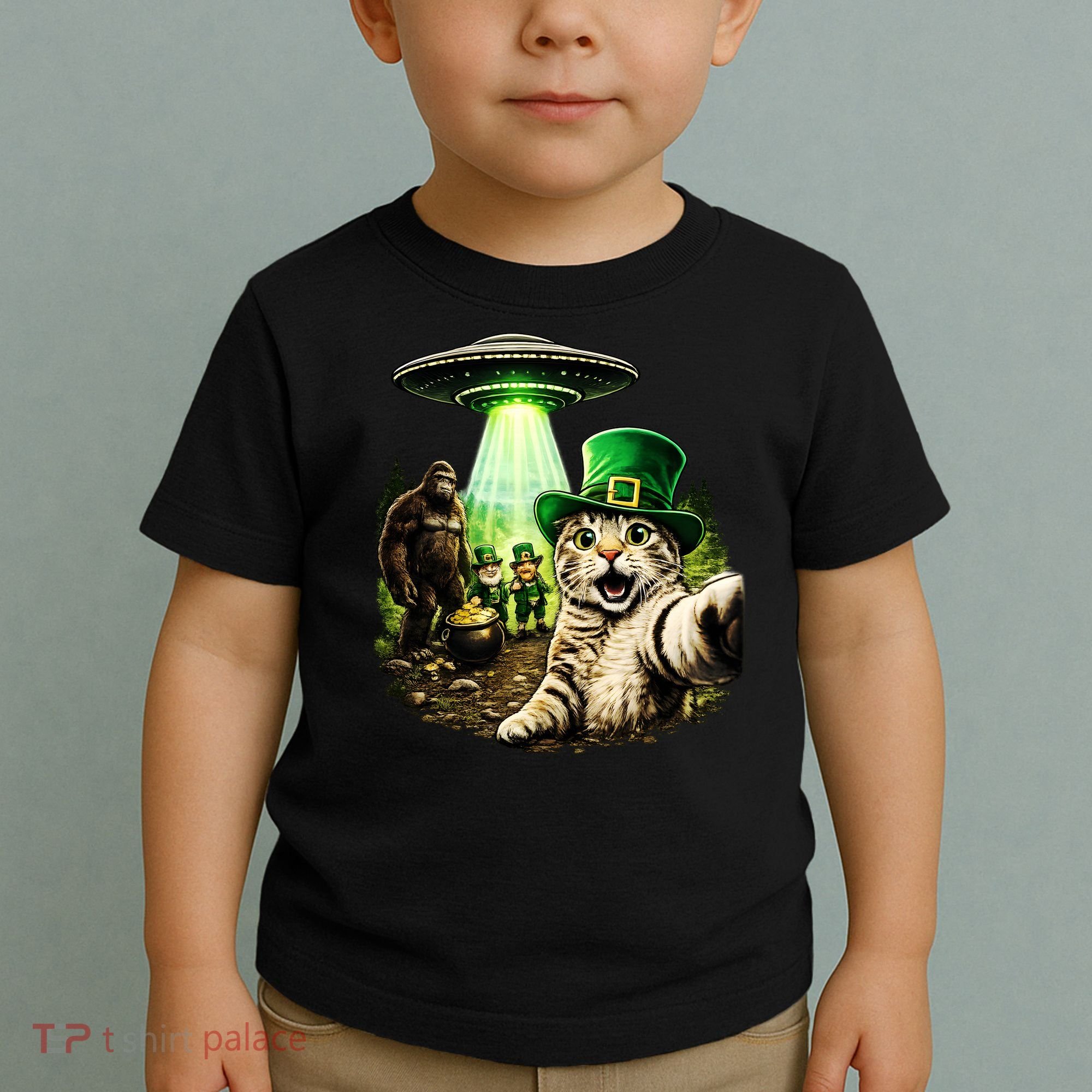 St Patricks Day Cat Selfie Leprechaun Bigfoot UFO Toddler T-Shirt