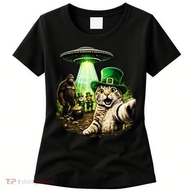 St Patricks Day Cat Selfie Leprechaun Bigfoot UFO Women's T-Shirt