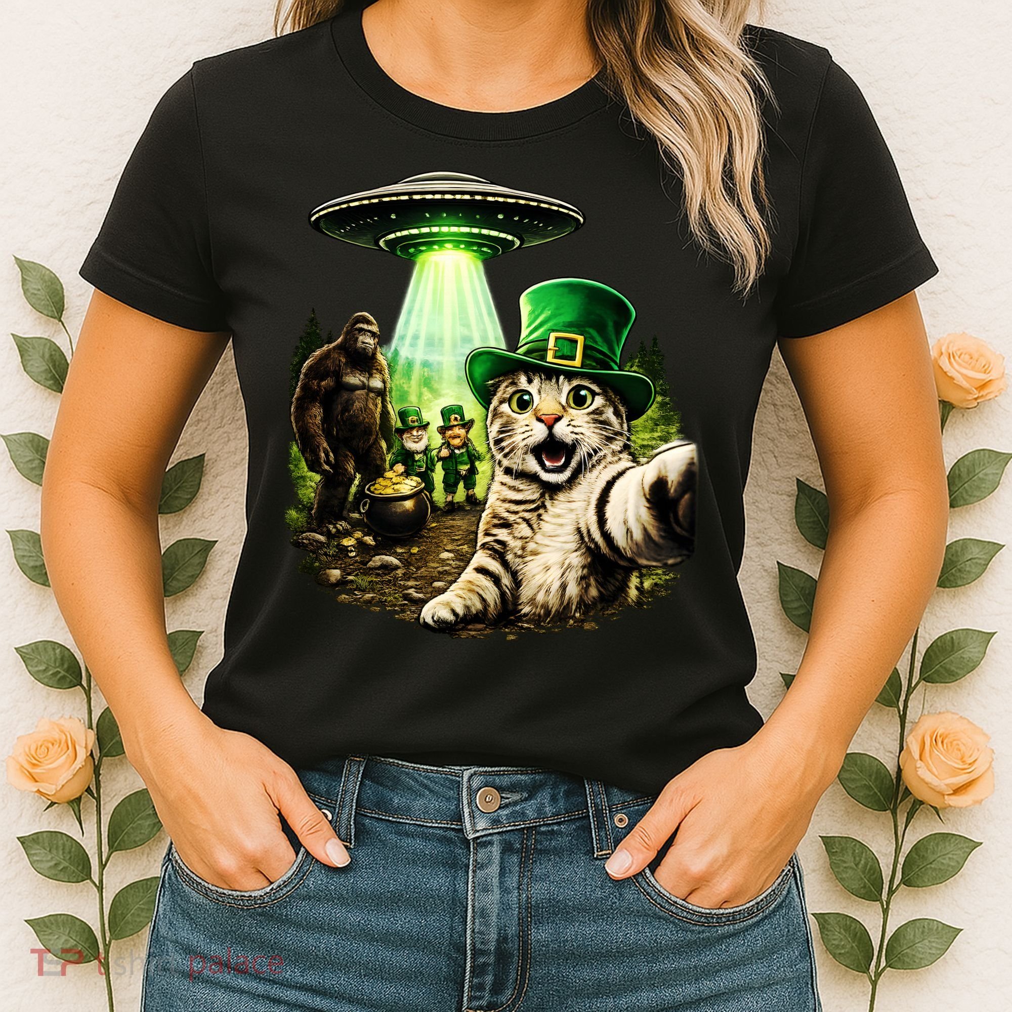 St Patricks Day Cat Selfie Leprechaun Bigfoot UFO Women's T-Shirt