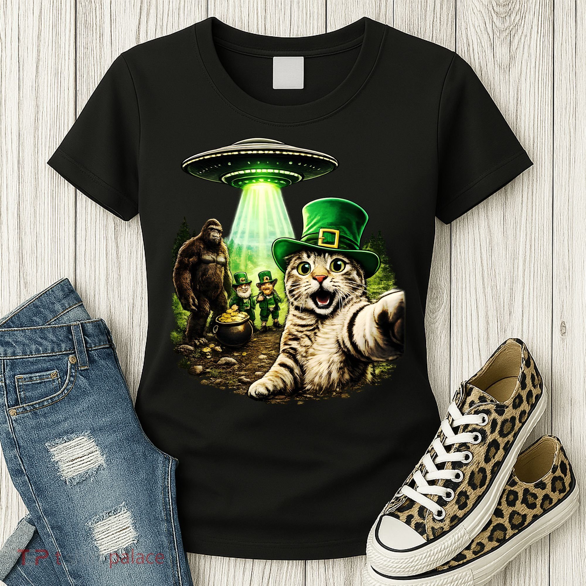St Patricks Day Cat Selfie Leprechaun Bigfoot UFO Women's T-Shirt