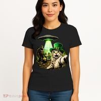 St Patricks Day Cat Selfie Leprechaun Bigfoot UFO Women's T-Shirt thumb 4