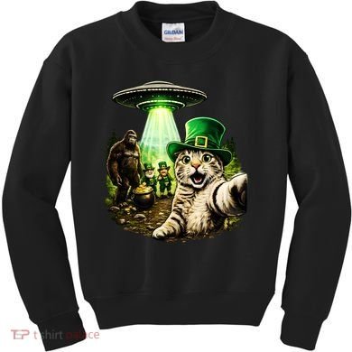St Patricks Day Cat Selfie Leprechaun Bigfoot UFO Kids Sweatshirt