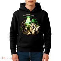 St Patricks Day Cat Selfie Leprechaun Bigfoot UFO Kids Hoodie thumb 4