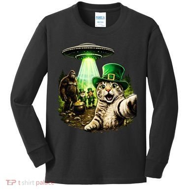 St Patricks Day Cat Selfie Leprechaun Bigfoot UFO Kids Long Sleeve Shirt