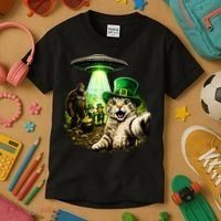 St Patricks Day Cat Selfie Leprechaun Bigfoot UFO Kids T-Shirt thumb 3
