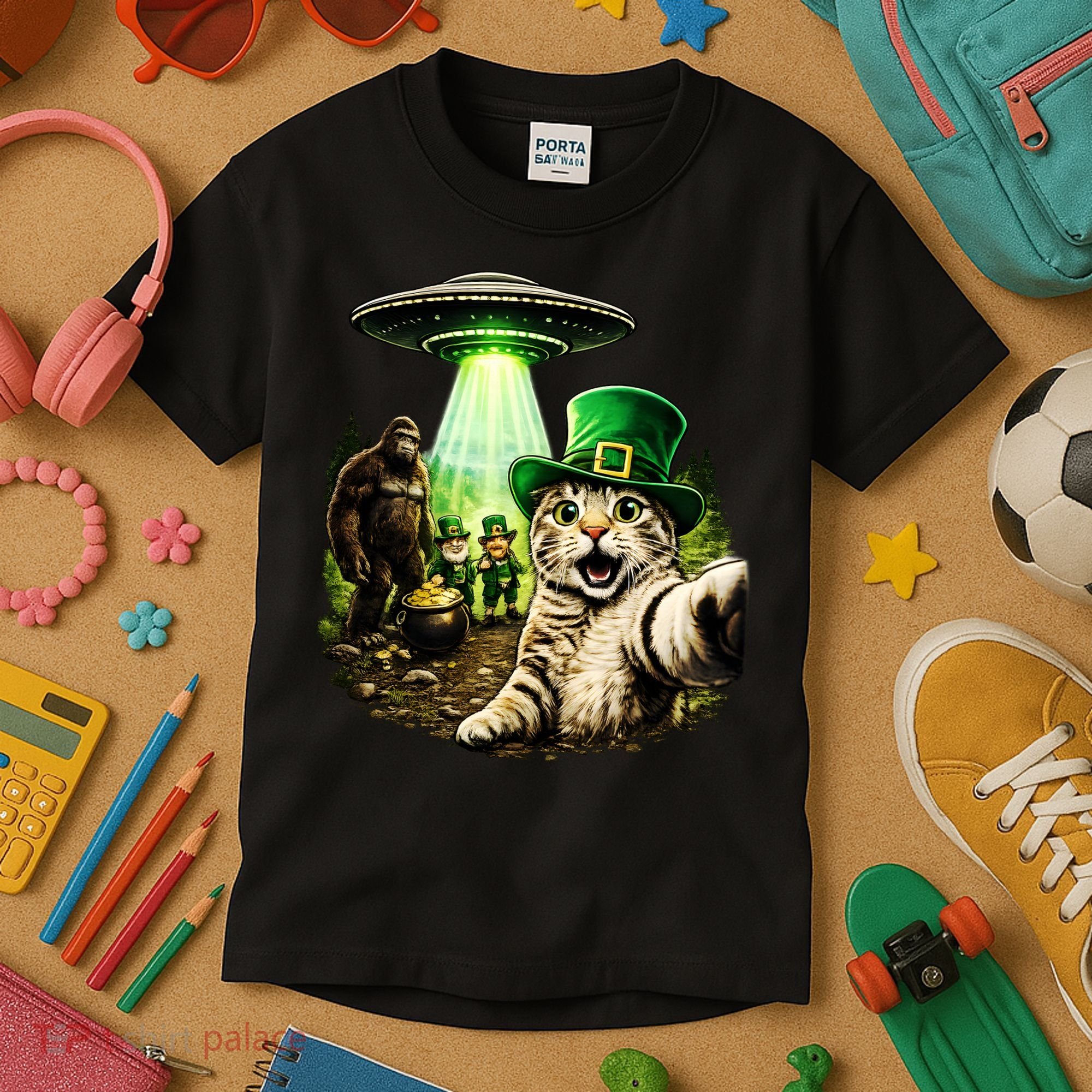 St Patricks Day Cat Selfie Leprechaun Bigfoot UFO Kids T-Shirt