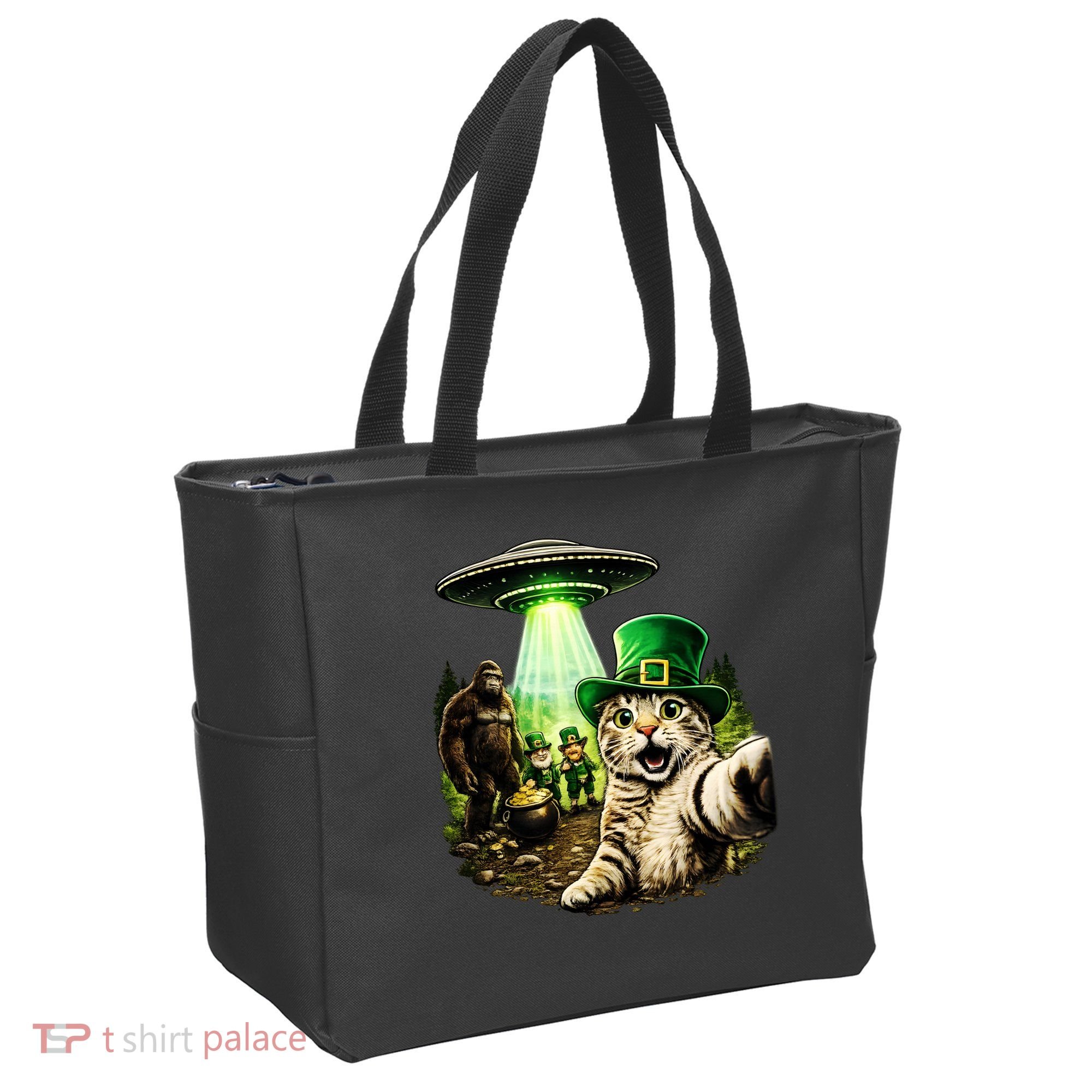 St Patricks Day Cat Selfie Leprechaun Bigfoot UFO Tote Bag