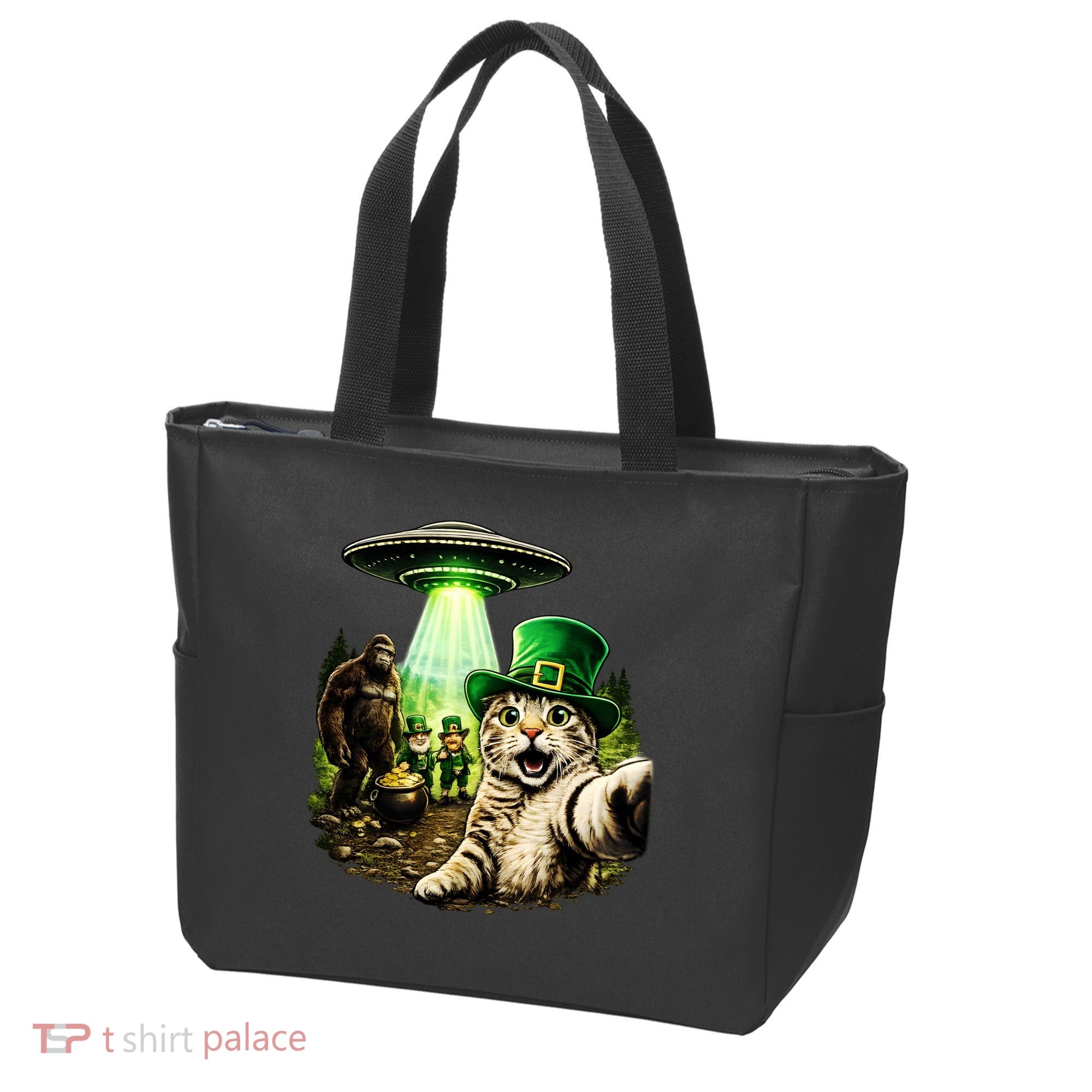 St Patricks Day Cat Selfie Leprechaun Bigfoot UFO Tote Bag