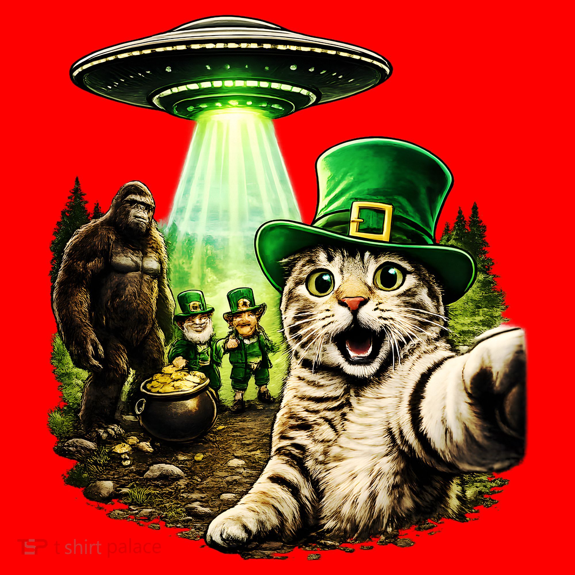 St Patricks Day Cat Selfie Leprechaun Bigfoot UFO Santa Hat