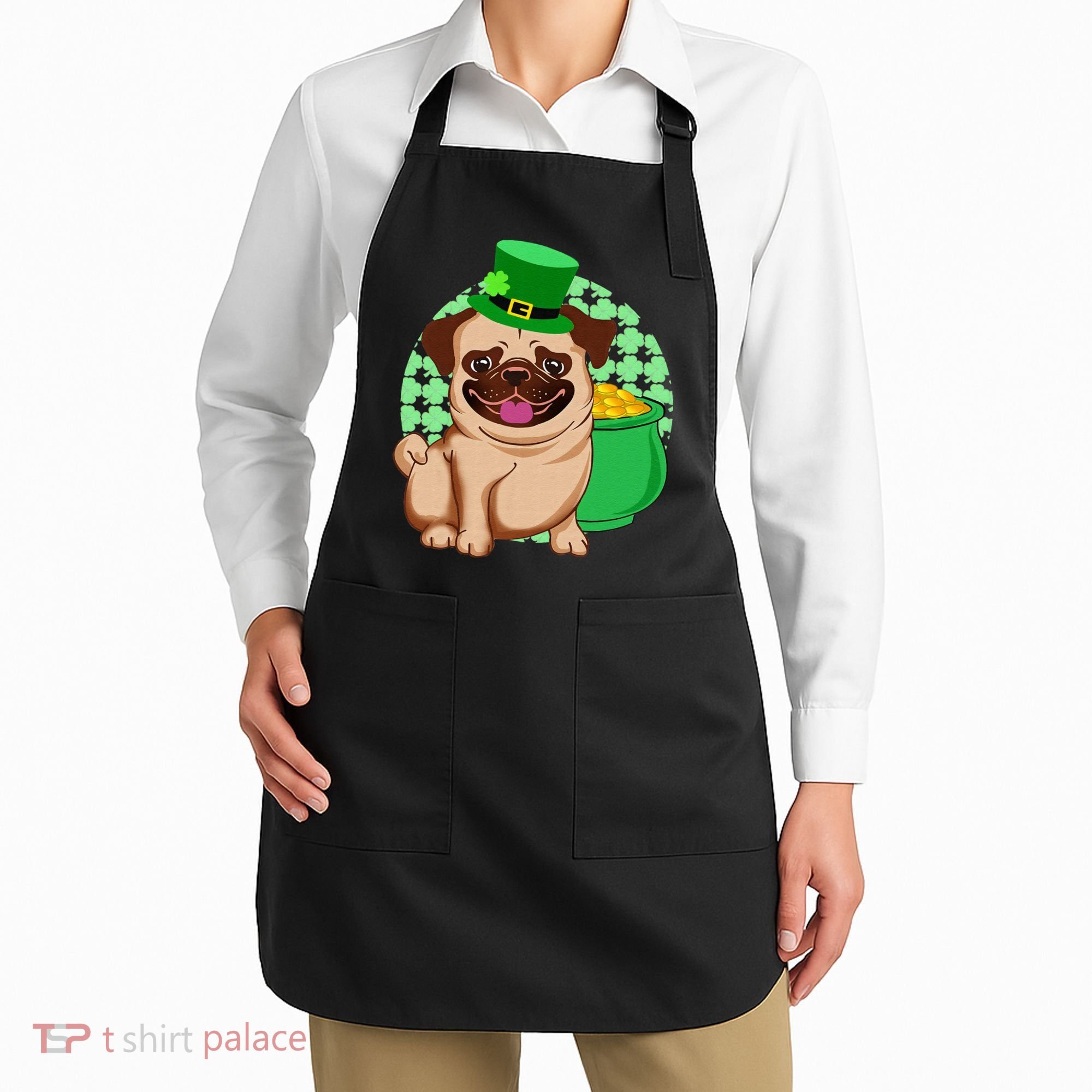 St Patricks Day Lucky Pug Dog Leprechaun Irish Shamrock Apron