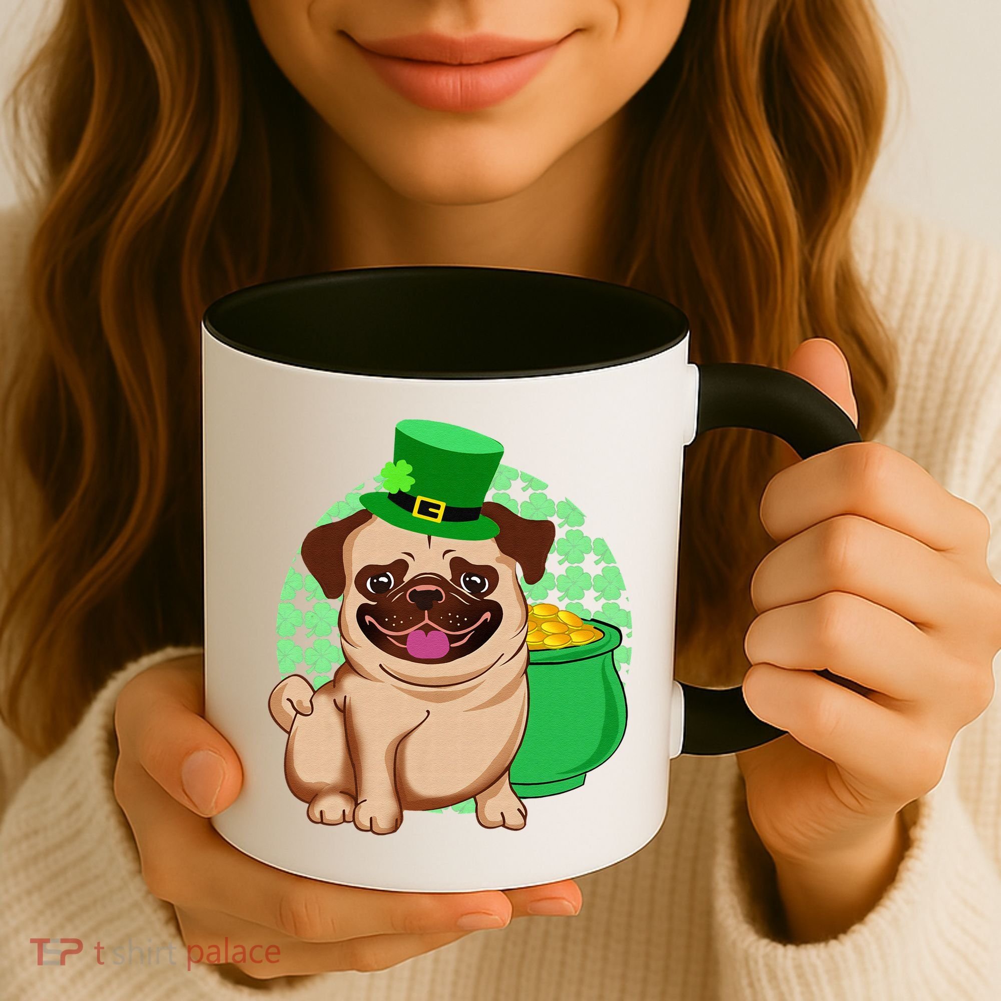 St Patricks Day Lucky Pug Dog Leprechaun Irish Shamrock Coffee Mug