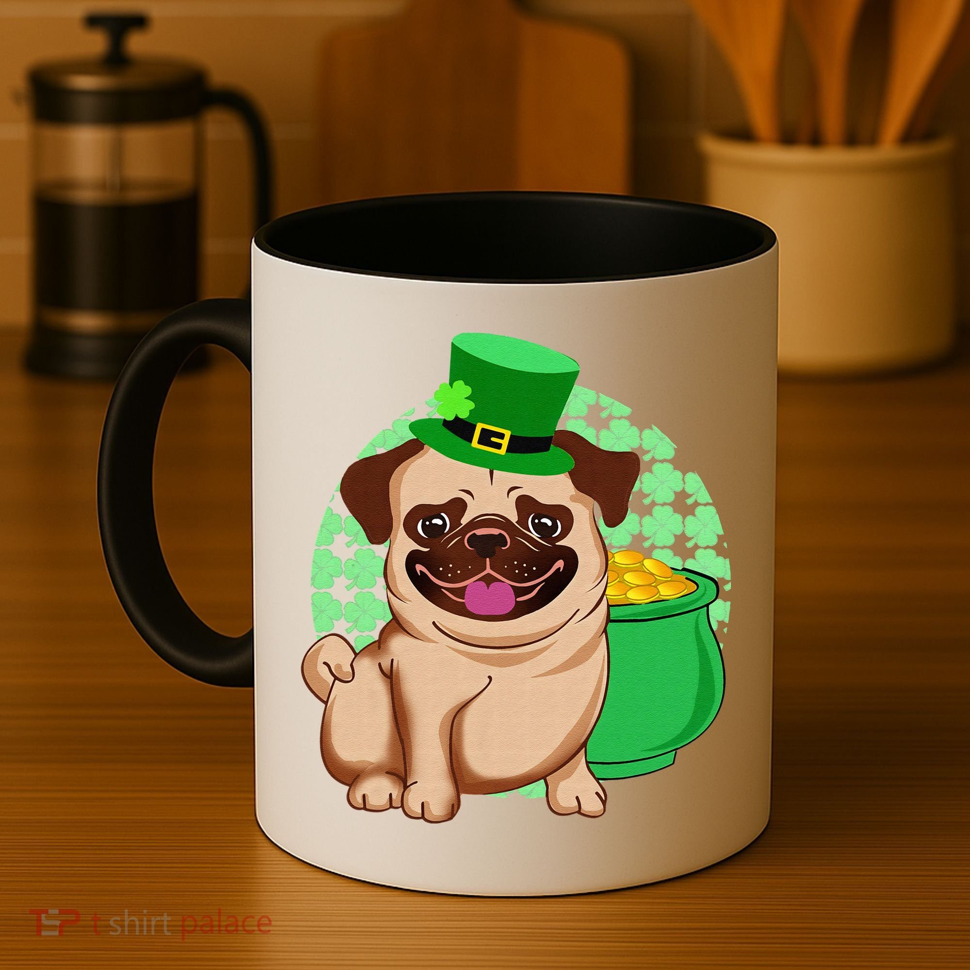 St Patricks Day Lucky Pug Dog Leprechaun Irish Shamrock Coffee Mug