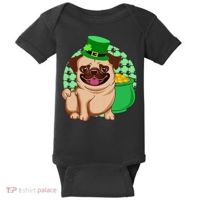 St Patricks Day Lucky Pug Dog Leprechaun Irish Shamrock Baby Bodysuit