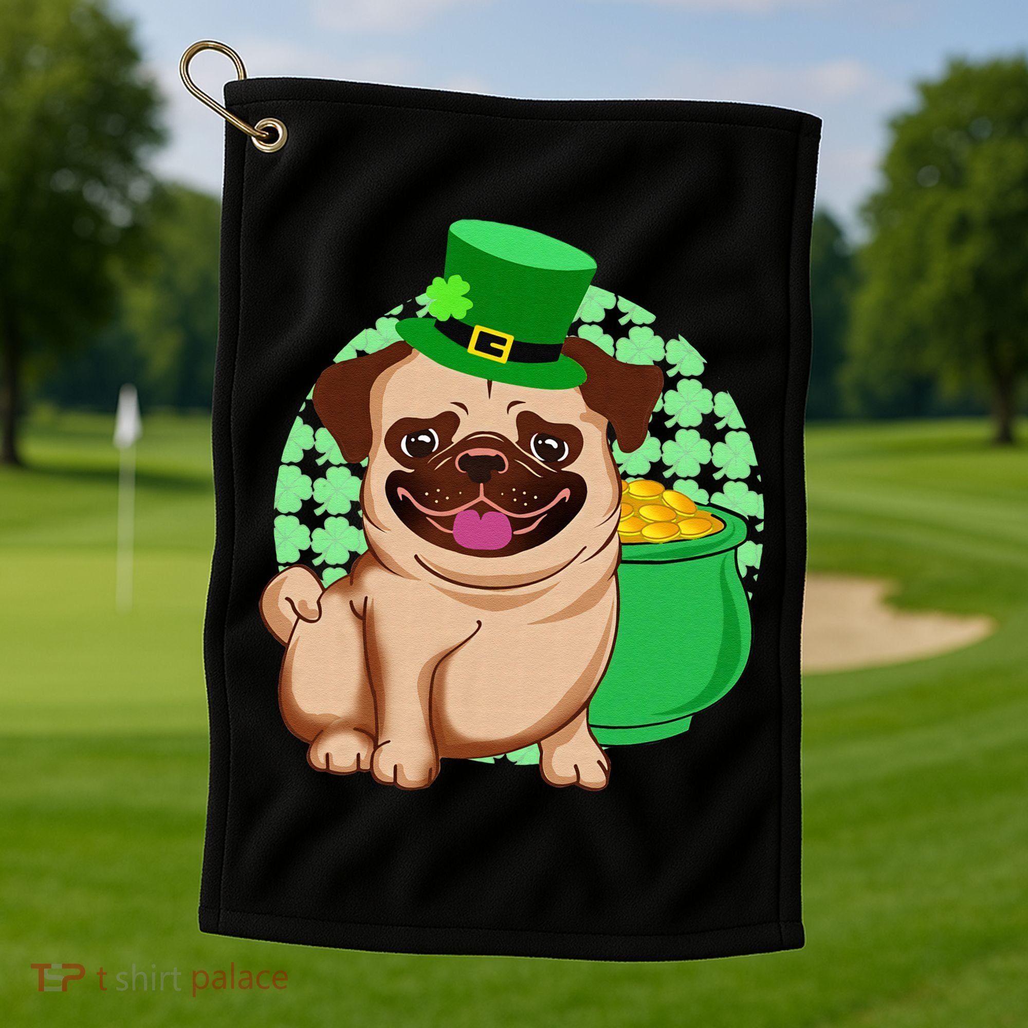 St Patricks Day Lucky Pug Dog Leprechaun Irish Shamrock Golf Towel