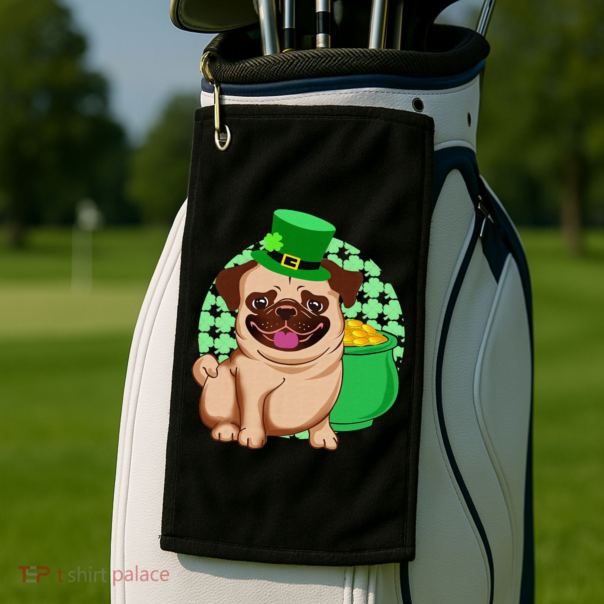St Patricks Day Lucky Pug Dog Leprechaun Irish Shamrock Golf Towel