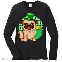 St Patricks Day Lucky Pug Dog Leprechaun Irish Shamrock Women's Long Sleeve Shirt thumb 0