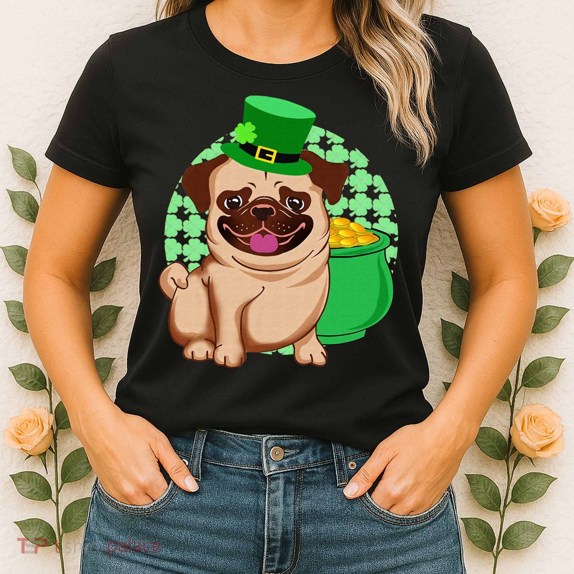St Patricks Day Lucky Pug Dog Leprechaun Irish Shamrock Women's T-Shirt